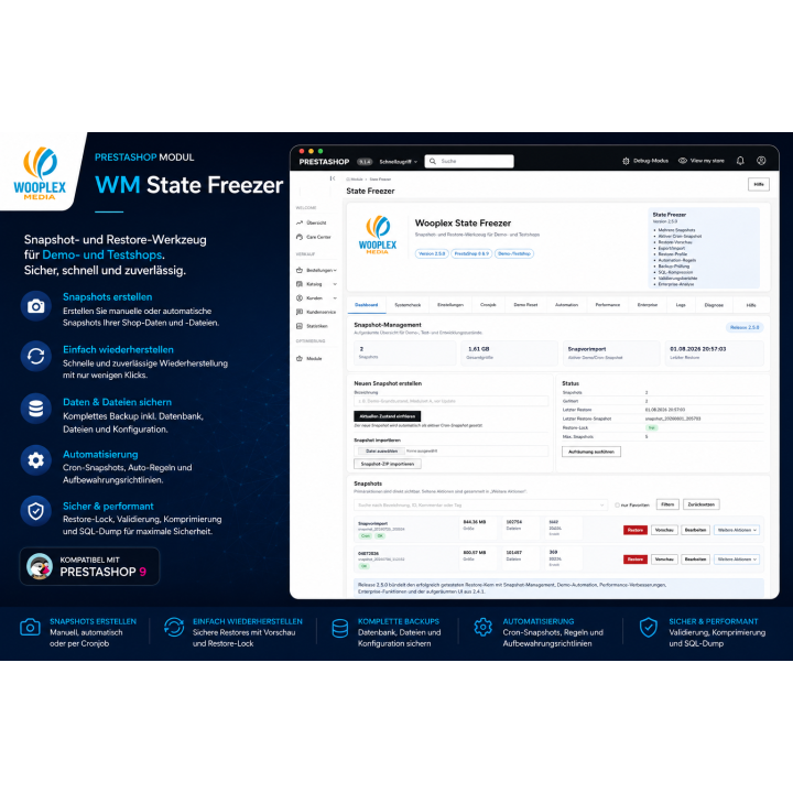 Wooplex State Freezer Professional – Snapshot- & Rollback-System für PrestaShop 8 & 9