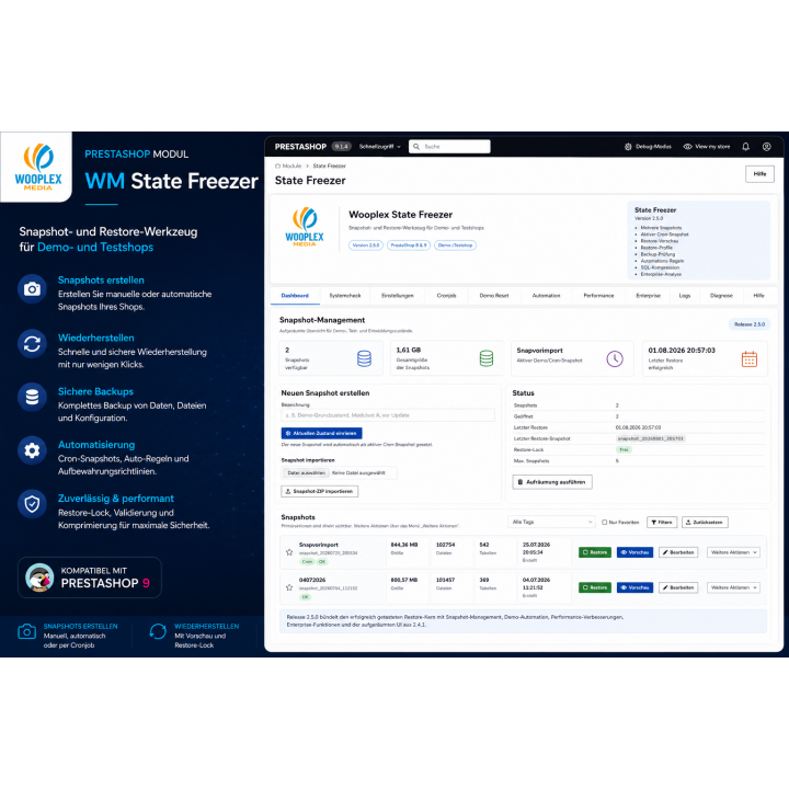 Wooplex State Freezer Professional – Snapshot- & Rollback-System für PrestaShop 8 & 9