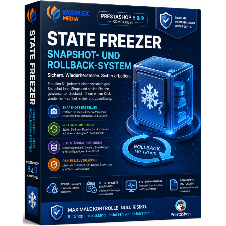 Wooplex State Freezer Professional – Snapshot- & Rollback-System für PrestaShop 8 & 9
