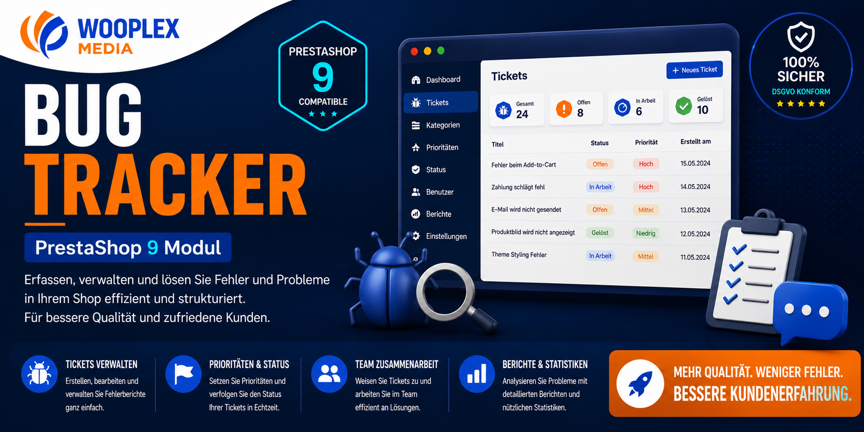Bug Tracker für PrestaShop 9 – Professioneller Support direkt im Kundenkonto
