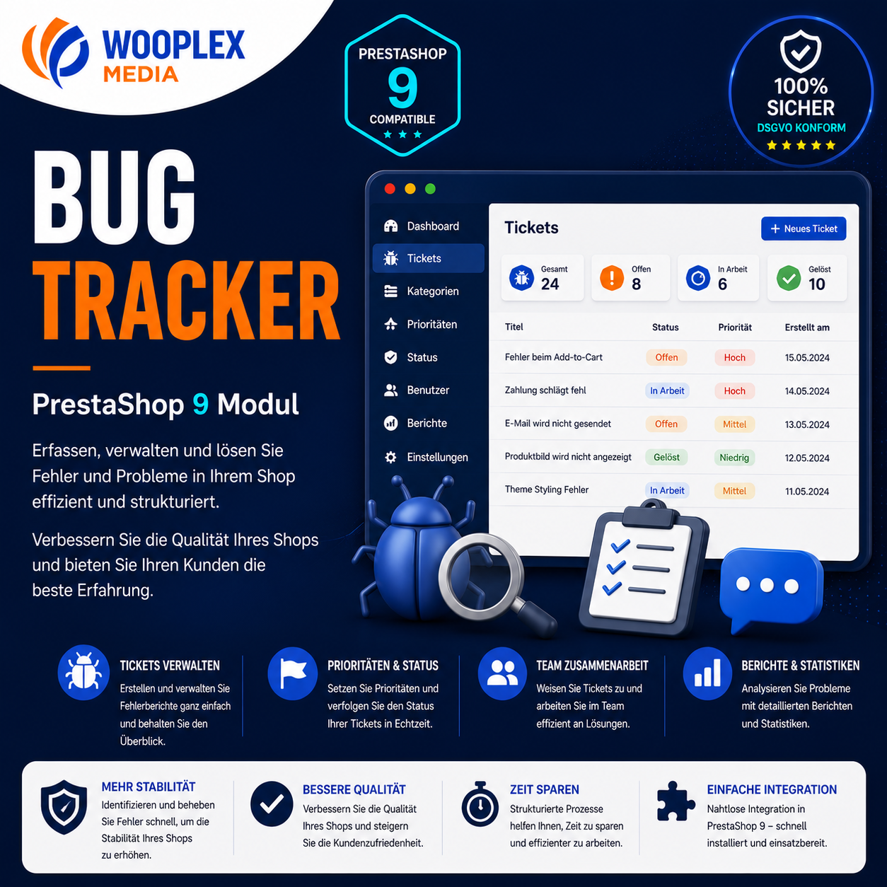 Bug Tracker für PrestaShop 9 – Professioneller Support direkt im Kundenkonto